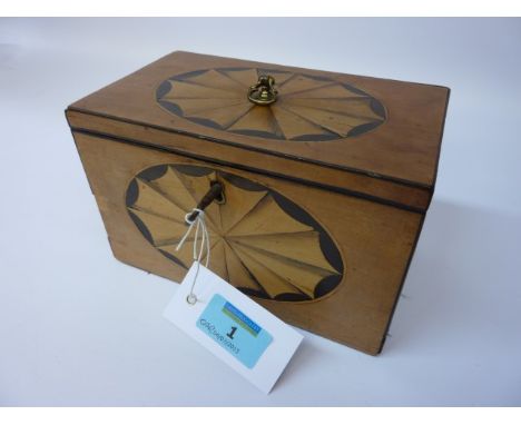 Late 18th century satinwood veneer on sandalwood tea caddy inlaid with two large satinwood shell motifs  L18cm   Condition Re