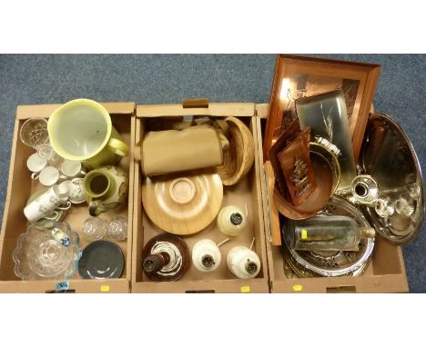 Decorative ceramics, glassware, metalware and lamp bases in three boxes 
