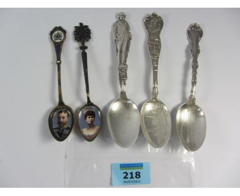 George V & Queen Mary silver and enamel commemorative spoons by H C Freeman & Co London 1910 and 1911 and three USA commemora