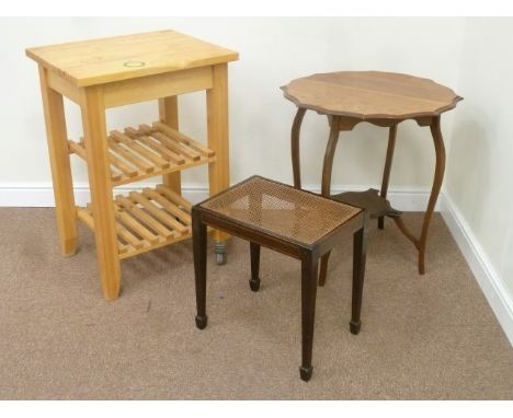 Edwardian inlaid mahogany stool with caned seat, walnut centre table and light wood kitchen unit