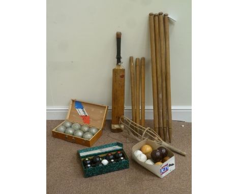 B&A carpet bowls set, set eight boules and other sporting equipment including cricket set and boundary stumps