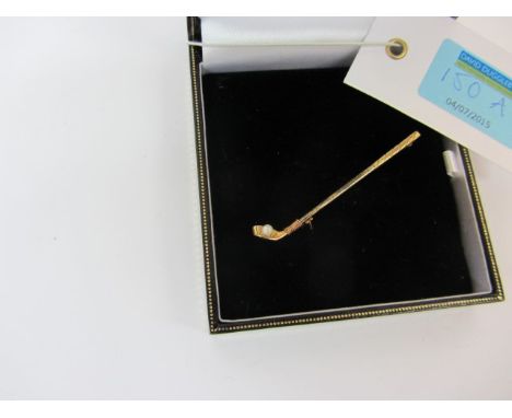 White and yellow gold golf club bar brooch with pearl golf ball hallmarked 9ct