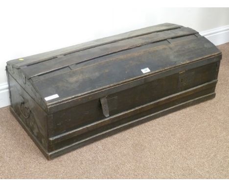 18th century stained pine and metal bound dome top cabin trunk, W95cm