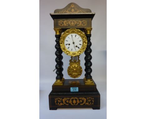 19th century French Empire period ebonised Portico clock with inlaid plinth and pedestal,  striking on bell H52.5cm 