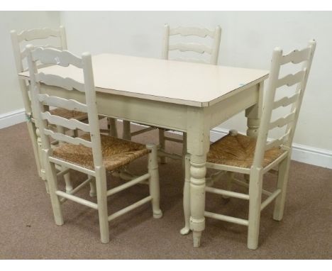 Victorian painted pine rectangular table and six painted ladder back chairs