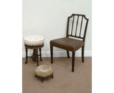 19th century elbow chair, Victorian piano stool and another small stool