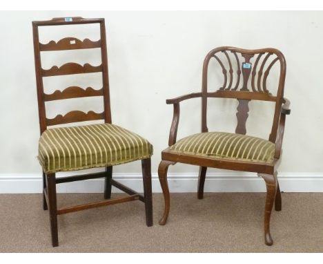 Early 20th century mahogany framed armchair with upholstered seat and loose cushion and a ladder back chair