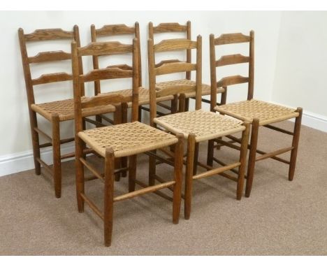Set six early 20th century elm country ladder back chairs with strung seats