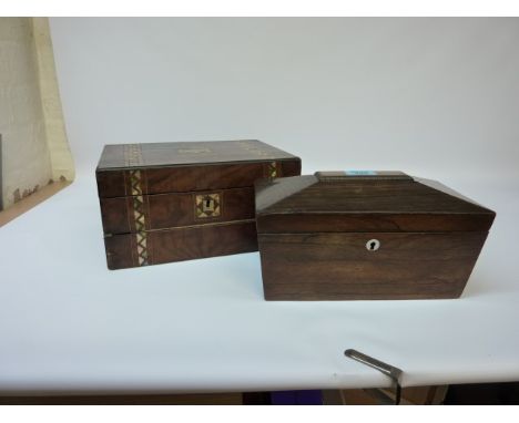 Regency rosewood sarcophagus shape tea caddy and a Victorian writing slope with mother of pearl and abalone inlay 
