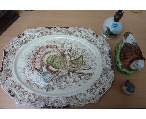 Johnson's turkey plate, Royal Copenhagen robin, late Staffordshire tureen and a lamp base with bird decoration