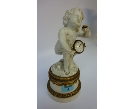 Mid 19th century table clock in the form of a Parian cherub carrying a drum set with watch type movement white enamel dial si