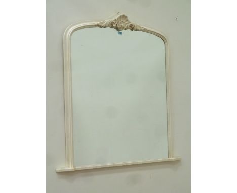 Arch top overmantle mirror in ivory frame with carved pediment, W126cm x H127cm overall