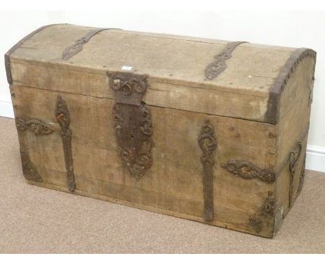 Large 19th century metal bound oak dome top travelling trunk, W120cm, H70cm