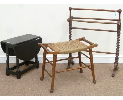 Victorian mahogany barley twist towel rail, string top stool and a small drop leaf occasional table (3)