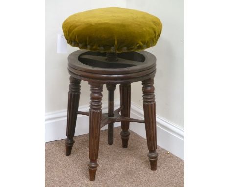 Victorian rosewood corkscrew action piano stool with upholstered top