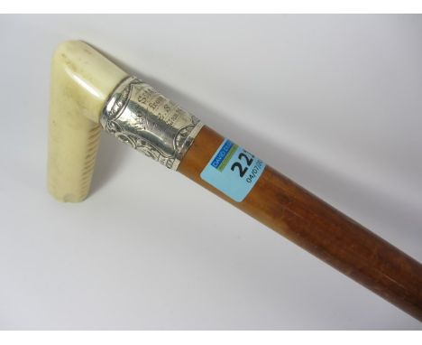 Late Victorian malacca walking stick with ivory handle and silver mount 'Thos Smailes from E.S. S. Jan '96', 
provenance Thom