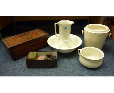 Meakin ewer, basin and toothbrush holder, and a similar chamber pot and slop pail, writing slope and a collection of cine ree