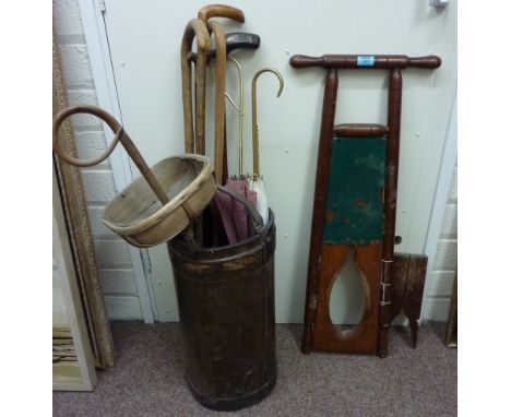 Stick/umbrella stand and contents, boot jack and a folding boot jack