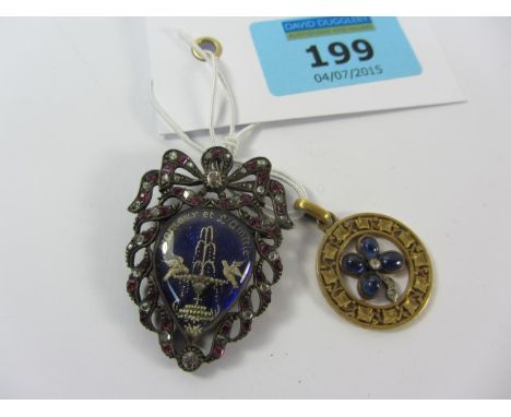Late 19th century French ruby, old cut diamond and enamel brooch 'L'amour et L'amicie' and a gold pendant set with cabochon s