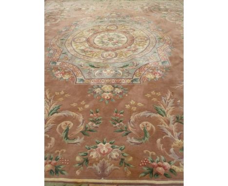 Large Chinese washed woollen pink and beige ground rug carpet, 475cm x 369cm