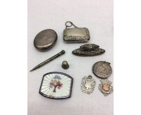A quantity of HM silver to inc buffer, enamel buckle, fobs, pen, vesta etc