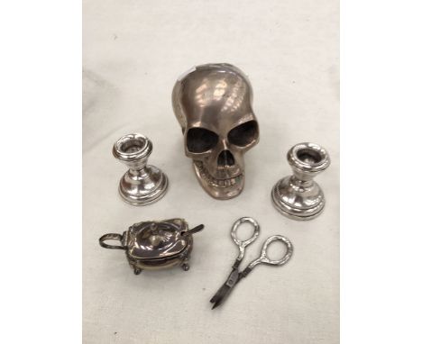 HM silver squat candlesticks; together with a metal skull, scissors and a mustard