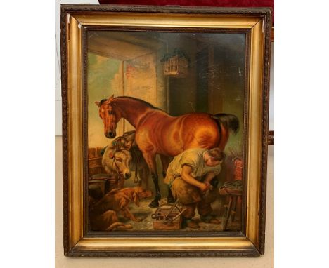 A gilt-framed oleograph after Landseer, 'Shoeing the Bay Mare', after the artist's original in Tate Britain, 56 x 43 cm