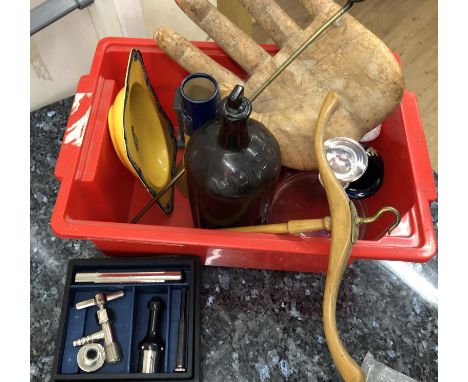 A box of odds to inc treen, a wig stand, 'Poison' bottle decanter, medical CO2 treatment set, clock, Doulton Lambeth vase etc