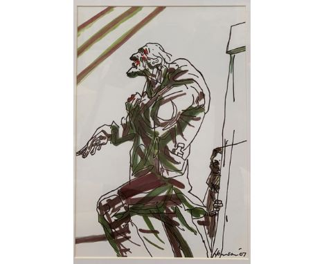 Peter Howson, O.B.E. (Scottish, b. 1958):Figural study of an old man, pen & ink drawing, signed & dated '07, 29 x 20 cm