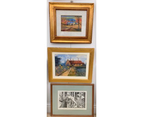 Three pictures to inc a watercolour, Italian landscape oil &amp; Michael Peacock etching, the largest 28 x 38 cm (3)