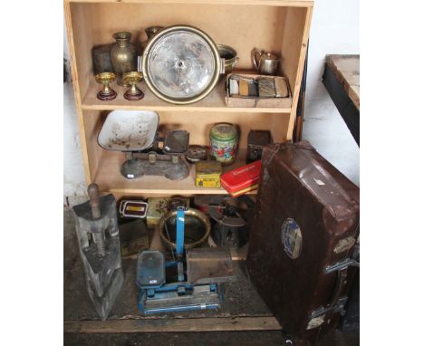 A C.A.Vandervell & Co brass light; a wooden vice; a vintage tan leather suit case; two sets of scales and other items (qty)