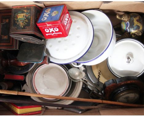 Two swagger sticks; an oil lamp with moulded opaque glass shade; a quantity of enamel kitchen wares and other items etc (qty)