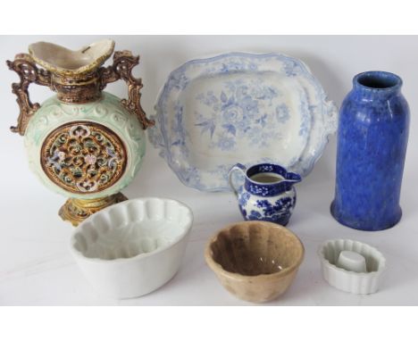 A Ruskin pottery low fired vase, 22.5cm; three jelly moulds; a Copeland Spode jug; dish and a vase (qty)