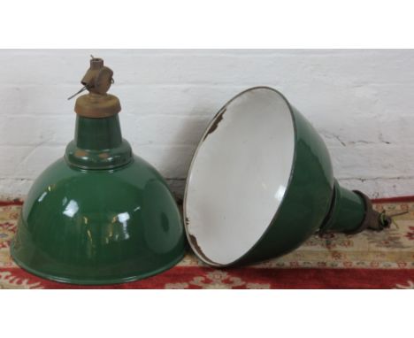 A large pair of vintage enamel ceiling lights, coolicon, two section with metal fittings, 53cm high
