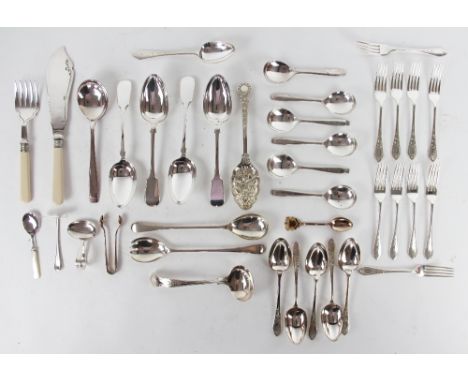 A selection of silver plated cutlery, to include; fruit salad set, fiddle pattern table spoons, push and scoop, ladles, a lad