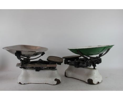 Two sets of vintage enamel kitchen scales, 32cm & 33cm (2)