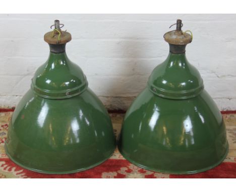 A large pair of vintage enamel ceiling lights, coolicon, two section with metal fittings, 53cm