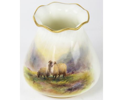 A Royal Worcester vase by Harry Davis, painted with two sheep in a highland landscape and signed lower right, shape number G9