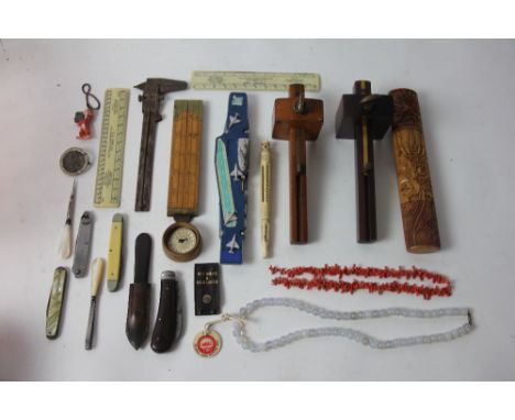 A late 19th century paper compass, in treen case, 4.5cm; a carved bone dip pen; three fruit knives and other items