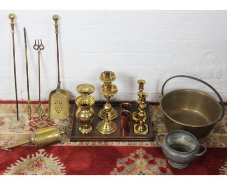 A pair of Victorian Gothic brass candlesticks; 28.5cm; a pair of push eject brass candlesticks; a spit engine and other metal