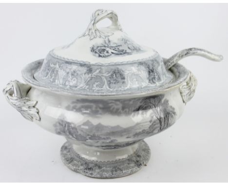 A 19th century Staffordshire transfer printed tureen and cover, decorated with scenes of figures in river scapes with cattle 