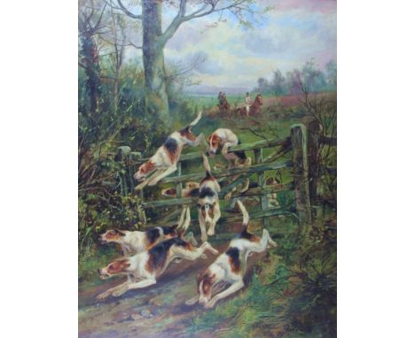 Arthur Alfred Davis, (fl 1877-1893),
pair of oils on canvas,
Hunting hounds jumping a gate with huntsman following, and compa