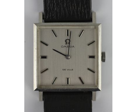 A Ladies stainless steel Omega De Ville wrist watch, square dial with baton numerals, leather strap, case stamped 111.071, wi