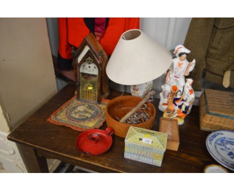 Two Staffordshire flat back figures; an American mantel clock  AF; a teak fruit bowl; enamel chamber stick etc.