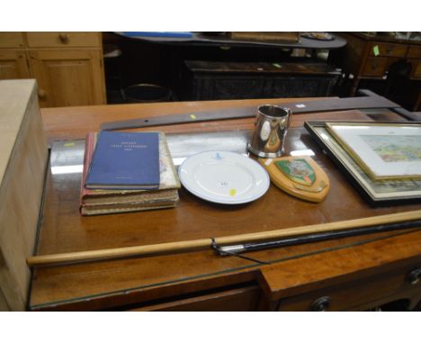 A military swagger stick; a tankard; a plaque and books etc.