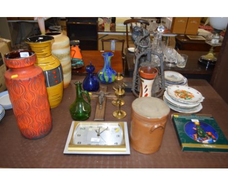 An Art Glass vase; a crucifix; a wall clock; an old metal lantern; a figure group etc.