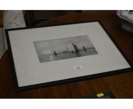 Charles Baskett, framed etching of Thames Barges