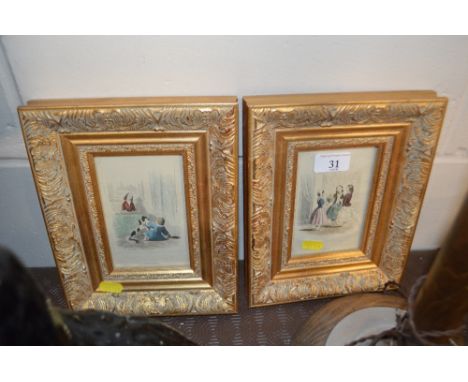 Two small French prints each depicting figures within an interior scene, entitled "Friday" and "Saturday"