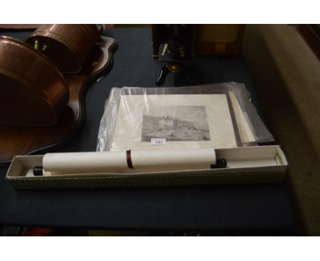A quantity of various black and white prints; and a Chinese scroll
