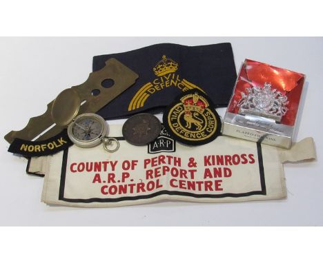An ARP Report and Control centre armband, Civil Defence armband and other miscellaneous including US compass a/f 
